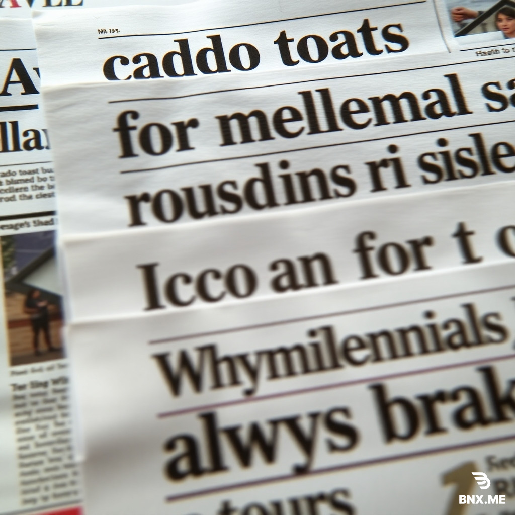Fast montage, 2 seconds per shot: close-up shots of newspaper headlines. Headlines read: "Avocado toast blamed for millennial housing crisis", "Millennials can't afford to save", "Why millennials are always broke". Slightly shaky, documentary-style camera movement. Cut rapidly.