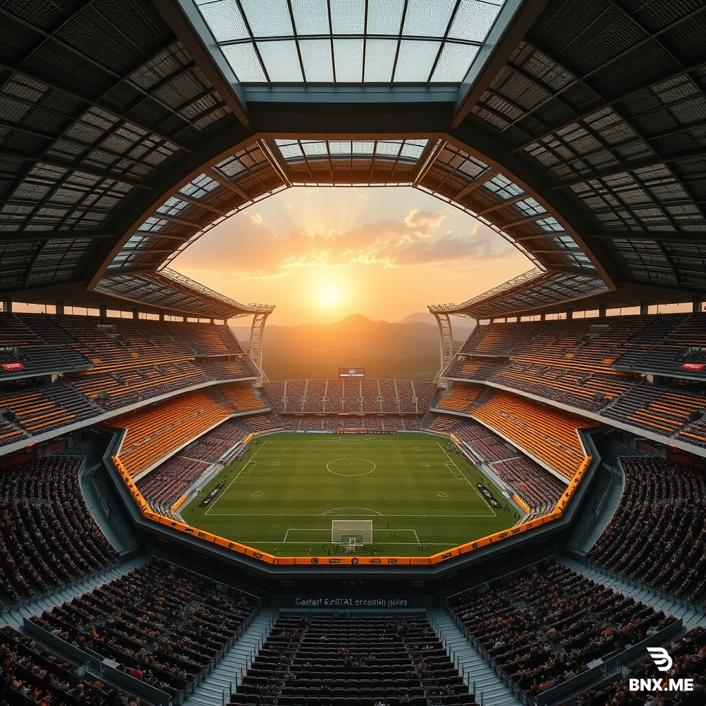 generate me a stadium with the shape of a hexagon like a bee hive show the view on top with roof everywhere except leave a rectangle view where u can see the field