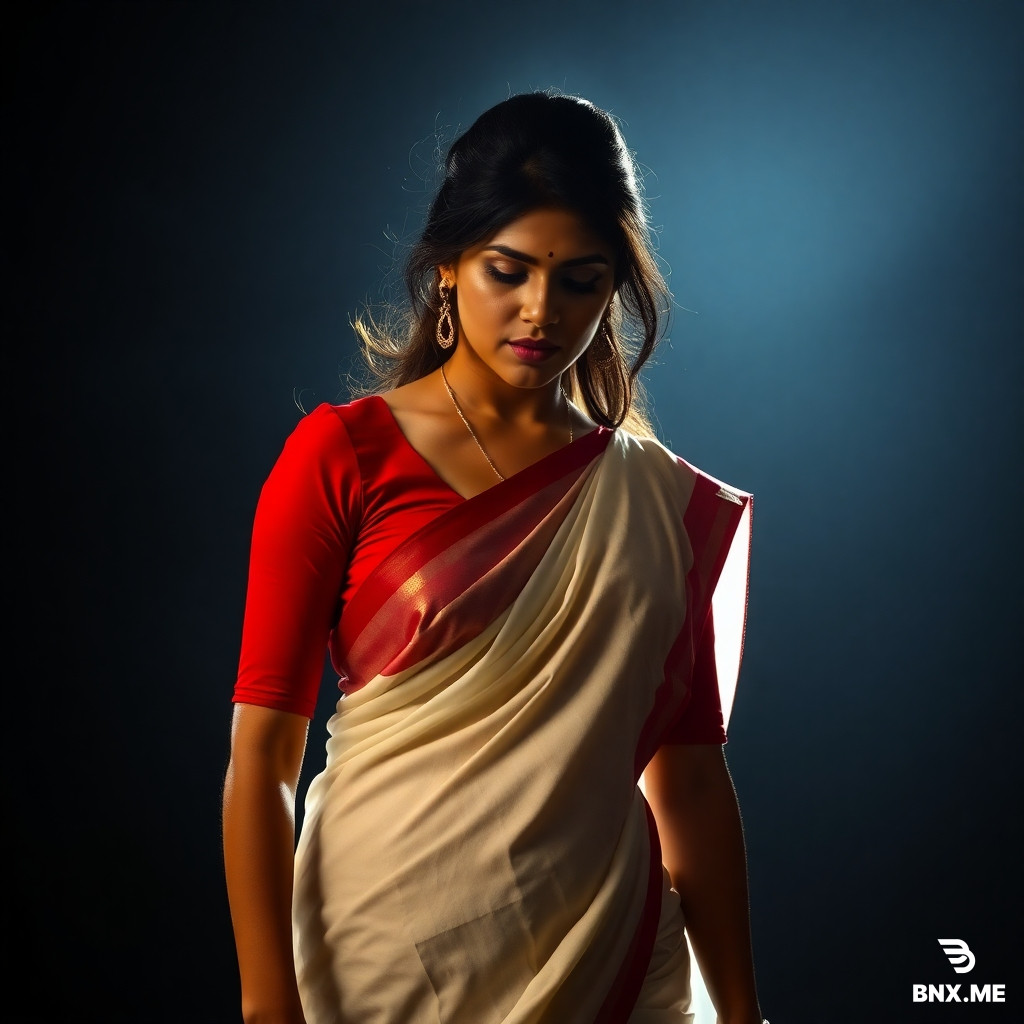 Girl wearing red blouse and white saree on handjob