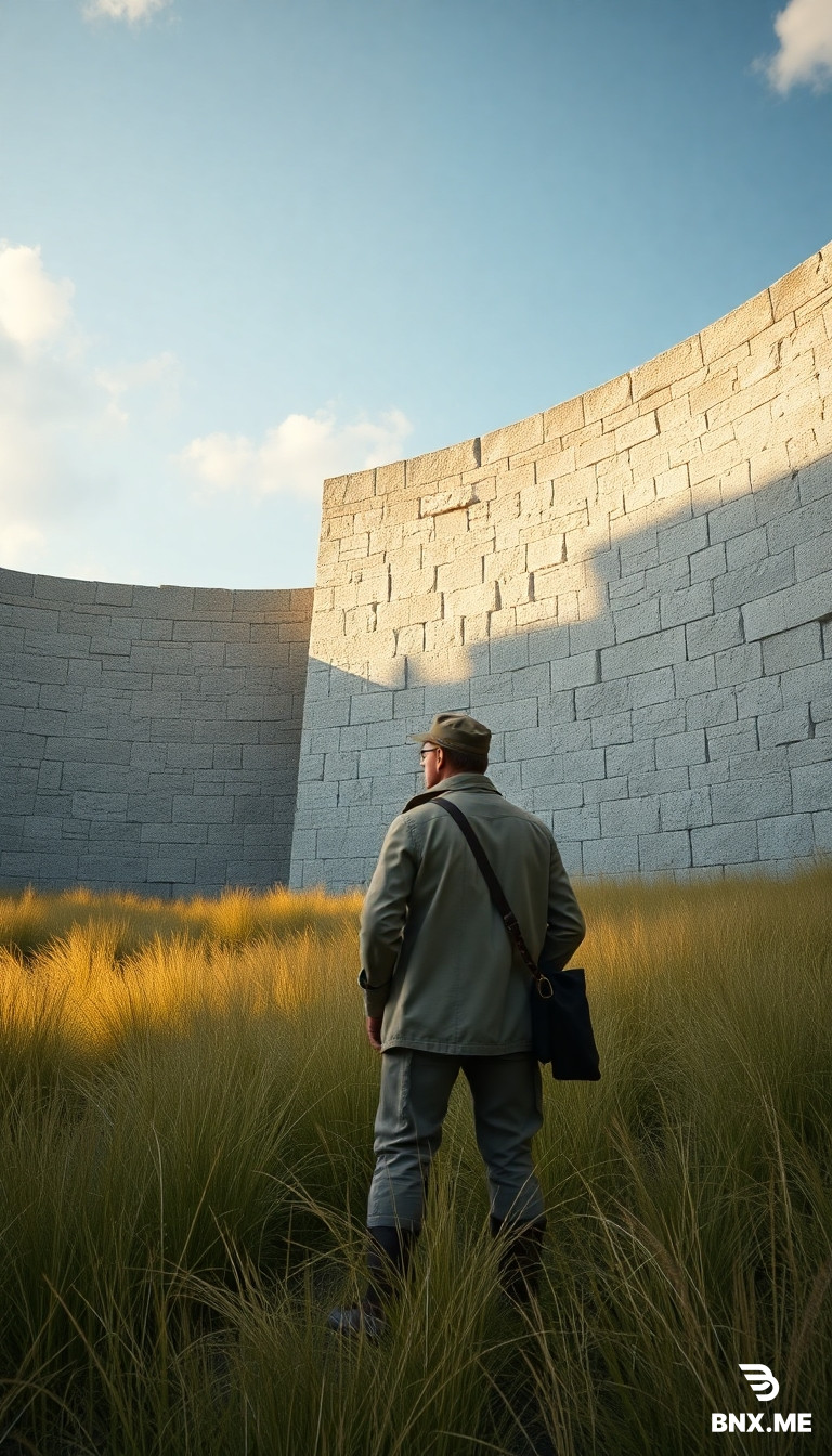 Visual Prompt:* A cinematic, wide-angle 3D-rendered shot. A 19th-century Victorian explorer in tattered khaki gear stands frozen in high, sun-bleached grass. He is looking up in awe at the massive, curved granite walls of the Great Enclosure. The stone blocks are perfectly dry-laid, fitting seamlessly. Dramatic lighting, long shadows, photorealistic, hyper-detailed textures, 8k resolution, historical thriller aesthetic.