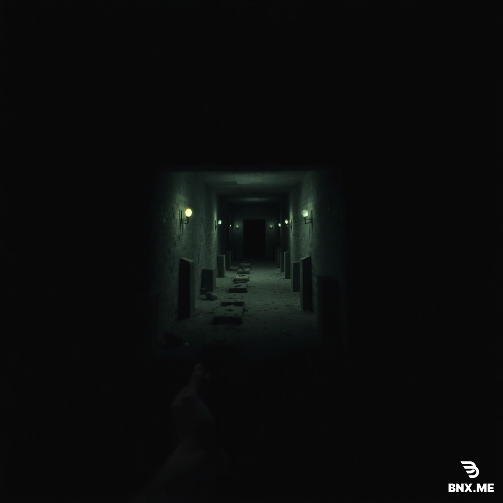 "First-person POV peering into a dark basement, revealing rows of graves barely visible in the shadows, horror atmosphere, cinematic lighting."