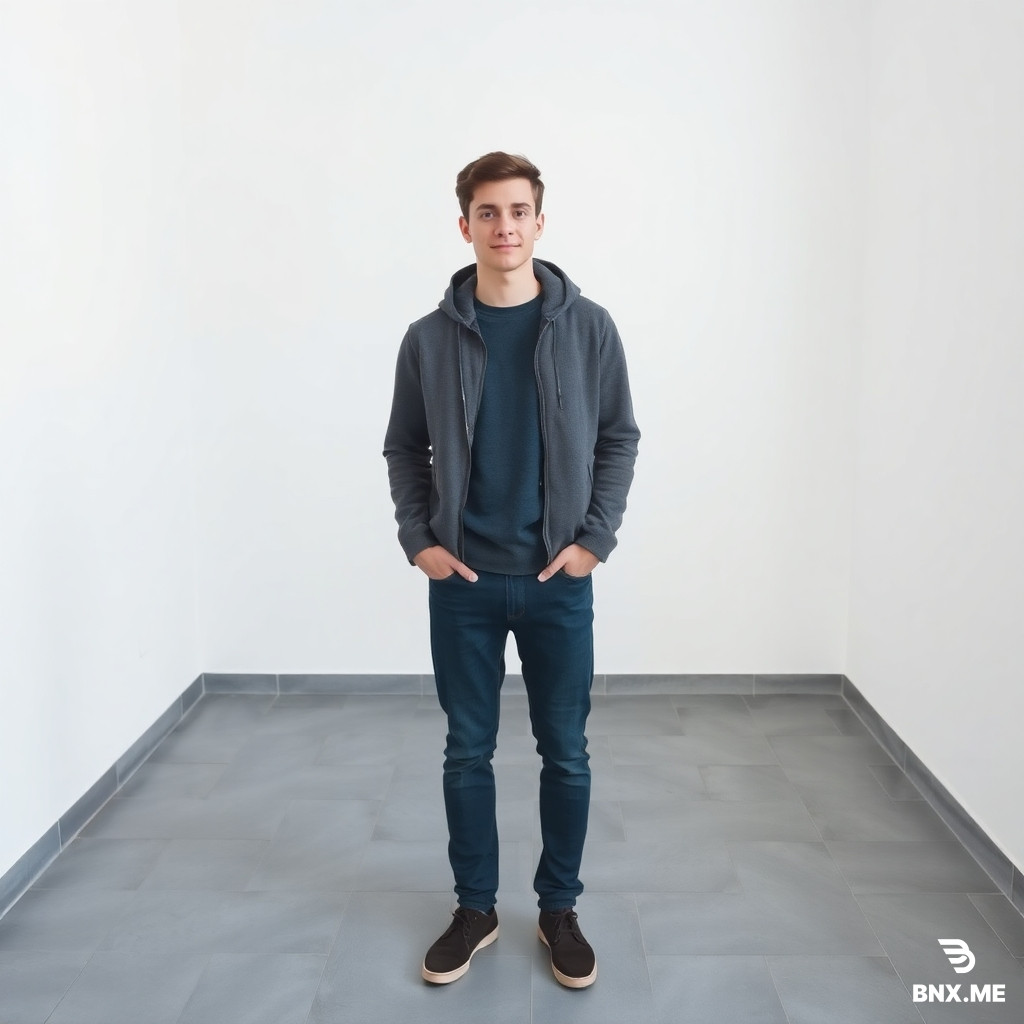 20 year old scandianvian male standing in a white room with gray tile floor