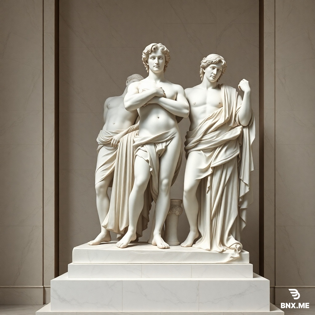 Neoclassical art style, clean lines, heroic poses, marble textures, ancient Greek and Roman aesthetics, muted colors, balanced and symmetrical composition