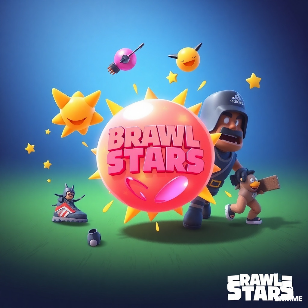 3D-рендер в стиле Brawl Stars, игровая обложка для YouTube, соотношение 16:9. На переднем плане по центру — крупный взрывающийся звездный сундук, из него в разные стороны летят золотые кубки и сверкающие алмазы. На среднем плане по кругу парят эксклюзивные кеды Adidas и футбольные мячи с яркими текстурами. На заднем плане — тёмный нечёткий силуэт геймера с планшетом в руках. Вся левая часть кадра — тёмная, пустая, без объектов и надписей (зарезервирована для крупного заголовка). Динамичный диагональный ракурс снизу вверх. Оранжево-синий неоновый контраст, объёмный глянцевый свет, насыщенные сочные цвета, киберспортивная атмосфера. Без текста, букв, цифр, логотипов, водяных знаков и лишних мелких деталей.