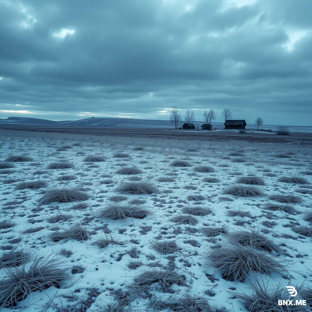 A vast empty snowless winter plain with sparse, thin, dry individual blades of gray-brown grass in loose clumps, with patches of bare dark soil visible between them. The grass is coarse and sparse, not a carpet, not soft, not dense. The ground is uneven and undulating, with low rolling ridges, shallow dips, small ditches, and soft rises and falls. In the far middle distance, a small cluster of old, simple, dark wooden houses. Bare black trees scattered sparsely. Low mist in the hollows. Sky: heavy but layered clouds with varied tones, darker and lighter gray patches, subtle breaks, hints of pale blue-gray, not a flat uniform gray. Cold blue ambient light at blue hour. Muted desaturated palette: slate gray, ash gray, pale blue, dark brown, faded black. Faded nostalgic atmosphere like an old memory, soft haze, subtle film grain. No people, no cars, no modern objects, no bright colors, no warm yellow lights, no snow, no frost, no ice, no white ground, no flat ground, no smooth lawn, no carpet-like grass, no clos Grass height: knee-high, medium length, not short.