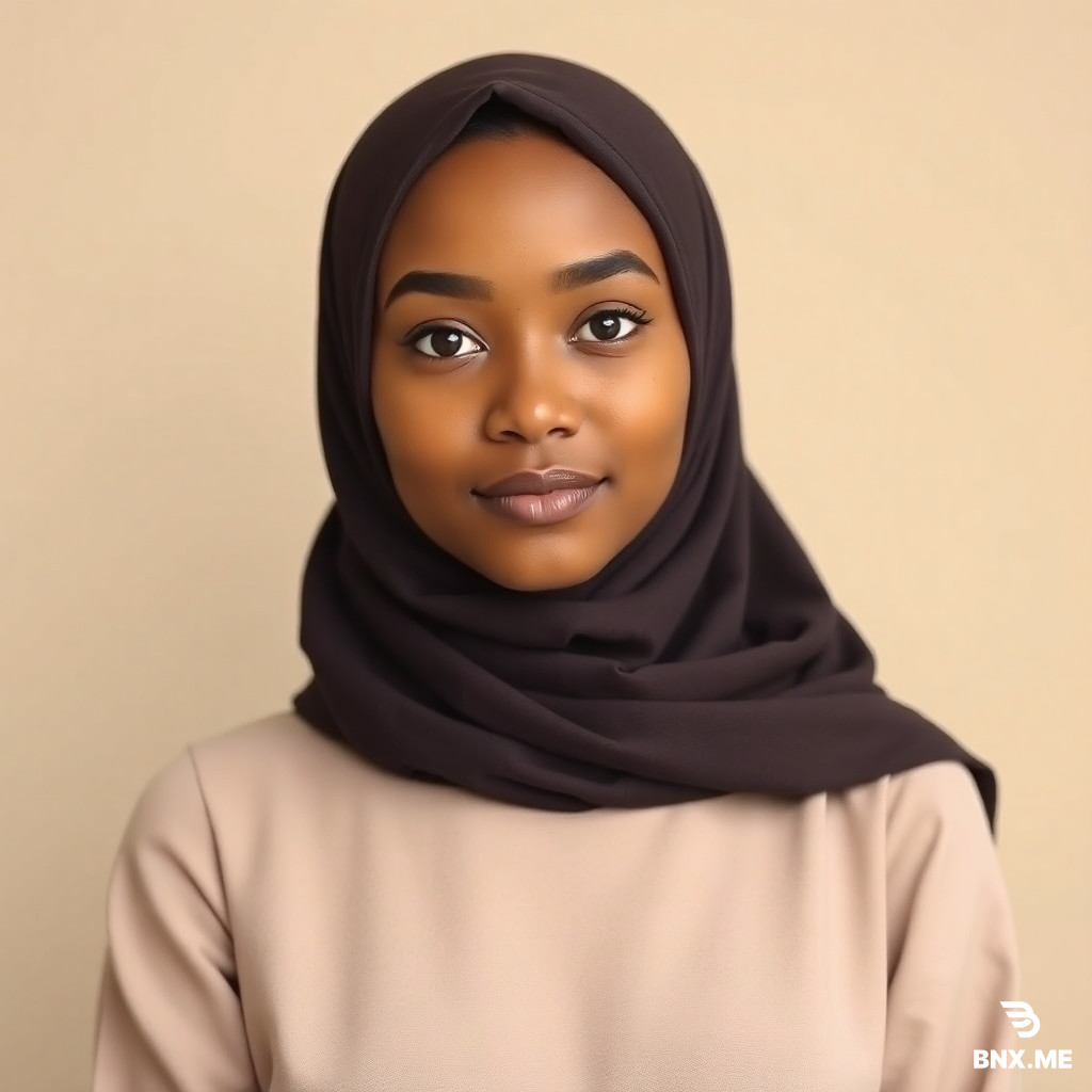 A young woman with a round, small face, medium brown/olive skin tone, not pale and not wheatish. She is wearing a full hijab that covers everything except her round face. She is wearing an elegant, simple dress. The photo is a professional headshot, soft lighting, neutral beige background, natural look, modest fashion style.