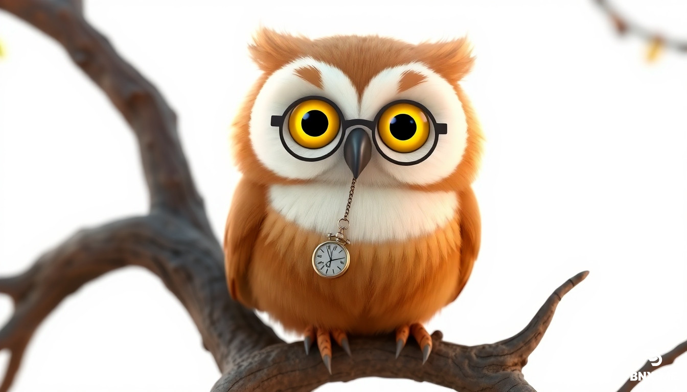 "3D animated character, a fluffy wise owl with soft warm brown feathers, a white heart-shaped face, big round yellow eyes with half-moon reading glasses perched on his beak, a tiny pocket watch chain on his chest, fluffy wings, tiny clawed feet, sitting on a tree branch with a gentle wise expression, Pixar/Illumination style, warm earthy colors, soft volumetric lighting, high detail, 8k resolution, white background with soft shadow for transparency."