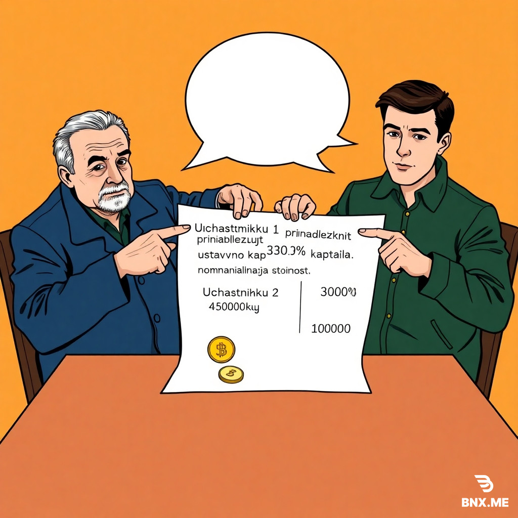 Colorful european comic book style, ligne claire, clear black ink outlines, flat colors. Two men sitting at a wooden brown table: elderly Sidorov (dark blue jacket, gray hair, wrinkles) on left, young Petrov (dark green jacket, short dark hair) on right. They point at a large paper showing: "Uchastniku 1 prinadlezhit dolja 30% ustavnogo kapitala nominalnaja stoimost 3000 rub. Uchastniku 2 - 10% nominalnaja stoimost 1000 rub." Next to text, two coin piles: three gold coins labeled "3000", one gold coin labeled "1000". Empty white speech bubbles above both heads, completely empty. Background pale orange.