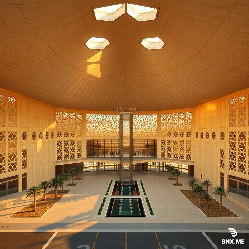 Hyper-realistic architectural exterior rendering of a mid-sized international airport terminal in the central plains of Aleppo, Syria. Wide-angle aerial view during golden hour.  The main architectural feature is a massive floating roof made of lightweight concrete, undulating in waves inspired by traditional covered souks, with large octagonal star-shaped skylights piercing through it.  The facade is constructed from alternating solid yellow limestone blocks and latticed stone screens (Mashrabiya) with complex Islamic geometric patterns, casting intricate网状 shadows on the ground.  At the heart of the design, visible through the glass walls, is an open-air central courtyard featuring olive trees, date palms, and reflective water channels with fountains.  The control tower is designed as a miniature Aleppo minaret (square base transitioning into an octagonal lantern) made of basalt stone and glass.  Surrounding the terminal are arid climate landscaping with palm tree lines and a smooth, reflective tarmac. The atmosphere is warm dusty gold, with long dramatic shadows, cinematic lighting, 8k resolution, architectural competition presentation style, highly detailed texture.--ar 16:9
