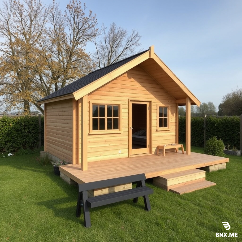 add a wooden hot, 3.2m wide 3.5m deep, with a wood platform in front 3.2m wide by 2.5m deep the platform to start from where the black bench is in the image, make it have a pent roof with the lower side on the left (6deegge roof pitch) raise the hut and the platfrom 1m high set on blocks