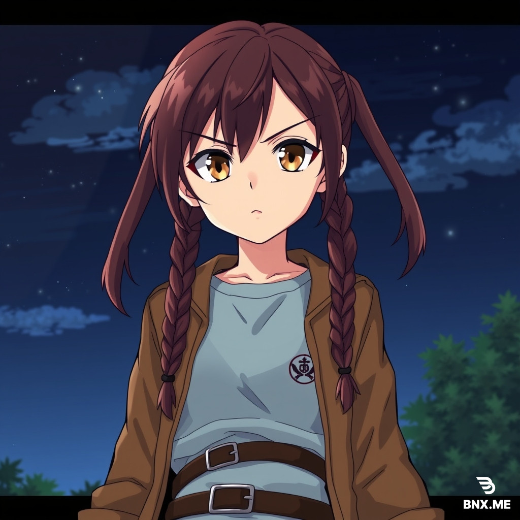 A young girl (shingeki no kyojin artstyle) with light skin and slim build, two dark brown braids with slight cherry shade, amber eyes, thigh strap, belt, uniform, survey corps (emblem), light blue T-shirt underneath a brown jacket, background of the night sky, trees, stern, determined look