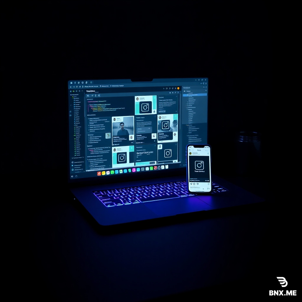 Photorealistic product mockup of a digital shop selling social media templates. Dark modern desk with glowing laptop and smartphone. Laptop screen displays grid of Instagram post templates with code snippets, terminal windows, and UI elements — dark navy background with neon green/cyan accents. Smartphone shows story template. Mechanical keyboard with RGB backlighting (cyan/magenta glow). Minimalist black desk mat. Soft cinematic studio lighting from upper left, dark moody background, shallow depth of field focused on screens. 8K resolution, highly detailed, product photography style, moody tech aesthetic.  Aspect ratio suggestion: 16:9 (landscape) or 9:16 (vertical for social)