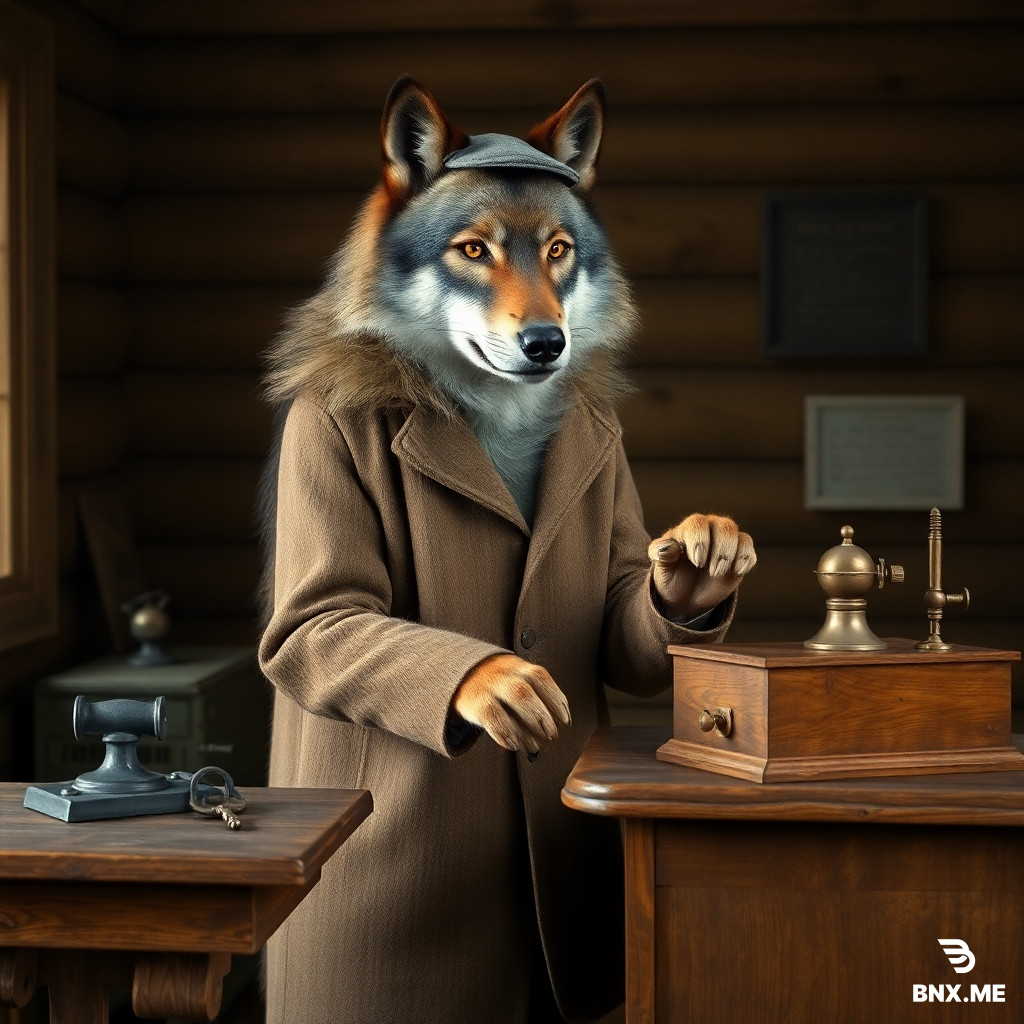 A highly detailed, photorealistic image of a realistic, anatomically correct wolf dressed as a civilian telegraph operator in rural Minnesota, circa 1880s. The wolf is standing upright on its hind legs in a modest wooden telegraph office, wearing a simple, earth-toned wool coat (like a dog coat) and a flat cap. It is not wearing a military uniform of any kind. Its furry paws are holding a telegraph key as it sends a message. On the wooden desk sits a traditional sounder and a telegraph key. The style is old-fashioned Americana, focusing on the wolf's realistic fur and expression. No humans, no men in wolf masks, no microphones.