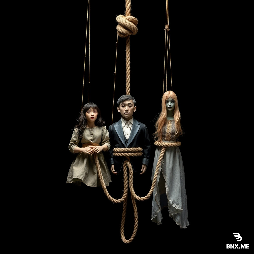 A professional theatrical poster design in vertical portrait format with a 2:3 aspect ratio. The background is completely pure black, creating a dark, minimalist, and haunting atmosphere.  At the top of the frame, a single thick coarse rope is suspended vertically from above. At the bottom end of this thick rope, there is a single prominent overhand knot (a granny knot). From this central knot, the rope splits into three separate execution ropes that hang downward in a wide M-shaped formation.  Each of these three ropes is wrapped tightly around the neck of a life-sized marionette puppet, strangling them: - Left rope: wrapped around the neck of a female puppet with long dark hair, wearing a tattered vintage dress. - Center rope: wrapped around the neck of a male puppet with short disheveled hair, wearing a worn-out formal suit. - Right rope: wrapped around the neck of a female puppet with long flowing light hair, wearing a torn theatrical gown.  The ropes are pulled tight around their throats, visibly compressing their necks. The puppets are completely limp, lifeless, and motionless. Their bodies hang straight down with no tension. Their heads are tilted slightly forward, arms dangling loosely at their sides, feet pointing downward. Their faces are expressionless, with half-closed or empty eyes, creating a sense of stillness and finality.  The overall mood is dark, tragic, eerie, and deeply theatrical. It evokes a sense of melancholy, loss, and surreal drama. It is NOT meant to be gory, bloody, or horror-like—it is poetic, symbolic, and emotionally heavy.  A dramatic single spotlight shines from directly above, casting a focused beam of light that illuminates only the thick rope, the central granny knot, the three M-shaped execution ropes, and the three strangled puppets. The rest of the composition remains in deep shadow.  The visual style is cinematic, photorealistic, and highly detailed. 8k precision.