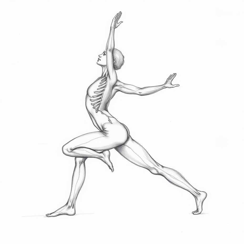 Pencil sketch, black and white, cross-hatching, rough paper texture, white background. Academic drawing, anatomical precision, dynamic yoga pose, same pose as reference. Clean lines, 4K.