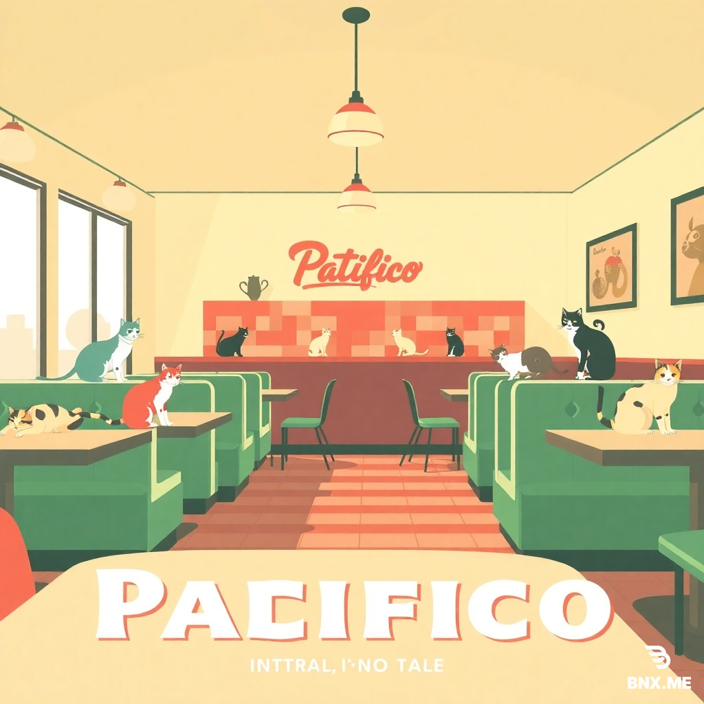 "Illustration vectorielle dans le style des affiches de diners américains des années 1950. Couleurs principales : crème vanille (#FFF8E7), vert menthe (#85D6CD), rose corail (#FE7B7E). Style flat design avec des contours nets et des ombres douces. Texture légèrement granuleuse pour un effet vintage. Ambiance chaleureuse, lumineuse, conviviale et solidaire. Typographie rétro intégrée dans l’image (Pacifico pour les titres). Pas de photo réaliste. Pas de 3D. Format 16:9.""Intérieur de diner avec des chats en liberté sur les banquettes et les tables, espace lumineux et accueillant."