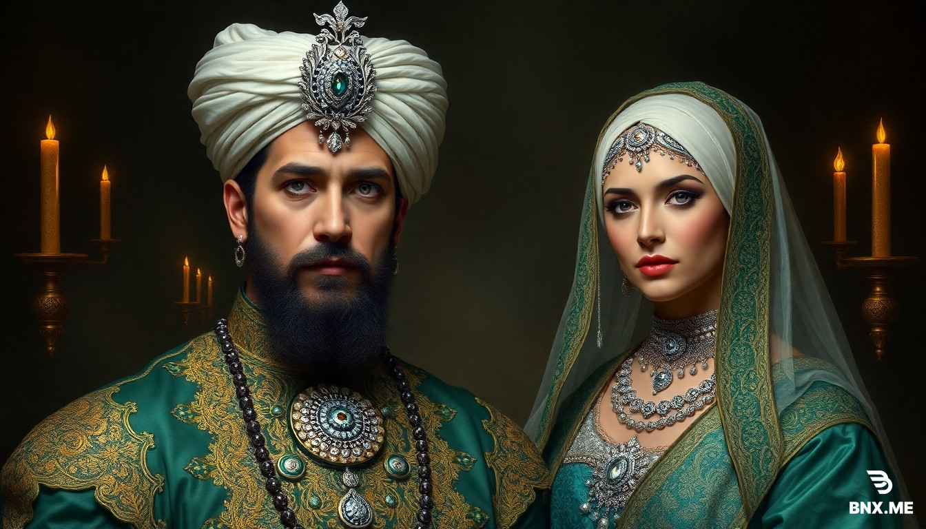 Aquí tienes el **prompt final** listo para copiar, pegar y ejecutar en tu generador de imágenes:  ```text Retrato de cuerpo entero de un majestuoso Sultán y una elegante Sultana de la época del Imperio Otomano, estilo hiperrealista, pintura al óleo de los antiguos maestros, iluminación dramática de luz de velas y claroscuro. El Sultán viste un lujoso Kaftan de brocado de seda color esmeralda oscuro con intrincados bordados en hilo dorado y botonaduras de plata, lleva un turbante blanco impoluto con un enorme broche de zafiro rodeado de filigrana plateada y una pluma de garza enjoyada. Su barba está perfectamente cuidada y su mirada es intensa y sabia. La Sultana a su lado lleva un vestido de terciopelo color vino con un corsé de orfebrería en plata repujada, un velo translúcido con lentejuelas de plata y una tiara dorada con esmeraldas y perlas barrocas en el cabello. Ambos están sentados en un trono doble de madera de nogal tallada con incrustaciones de nácar, marfil y pan de oro y plata. Fondo: interior del Palacio de Topkapi, arcos de herradura con mocárabes dorados, grandes ventanales con celosías geométricas por donde entra un rayo de sol polvoriento que ilumina las joyas. Detalles de época precisos: cimitarras enjoyadas con empuñadura de plata, anillos en cada dedo con gemas talladas, textura de la seda y el terciopelo extremadamente detallada. Contraste cromático: El lado izquierdo de la imagen (el Sultán) irradia tonos cálidos de oro y ámbar, mientras que el lado derecho (la Sultana) refleja tonos fríos de plata lunar y zafiro. --ar 16:9 --stylize 750 --v 6.1 ```