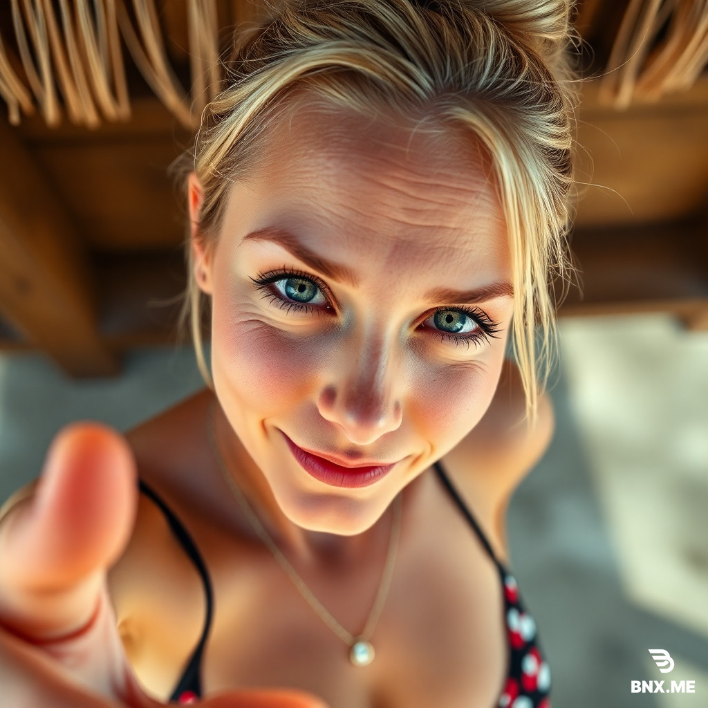 MAKE photo, Danish woman, 30 years, blonde bun, necklace, flushed face, half closed eyes, hypnotizing Eyes, looking at viewer, smirk, slight Sweaty face, random bikini, daylight, shot from below, reach out helping hand at viewer