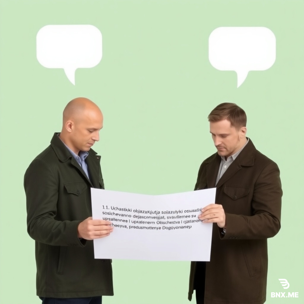 et) and yountrov (dark green jacket) looking down at a contract. On contract visible black text: "1.1. Uchastniki objazujutsja soglasovanno osushchestvljat dejstvija, svjazannye s upravleniem Obshchestva i dejatelnostju Obshchestva, predusmotrennye Dogovorom." Empty white speech bubbles above their heads, completely empty. Background soft mint green.