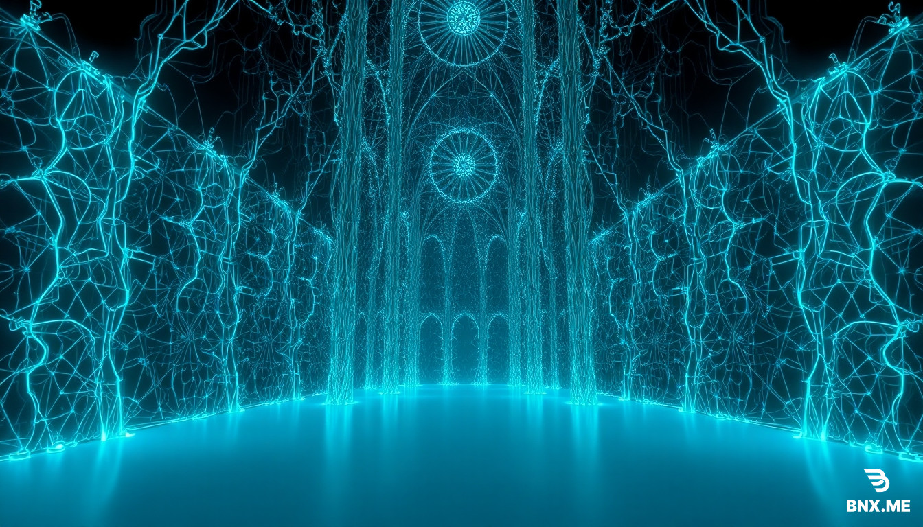 A massive, bioluminescent neural network architecture resembling a gothic cathedral made of synaptic glass. Dark, shadowy creatures labeled "Reification" and "Ontological Noise" cling to the upper layers, trying to solidify into fake substances. Neon-blue gradients (the Ontological Gradient) flow backward from the output layer down to the input, "cleaning" the architecture — where the gradient touches, the shadows dissolve into pure light and the glass becomes transparent. At the bottom: a minimalist white plane with single binary events (0/1) pulsing like heartbeats. Style: H.R. Giger meets James Turrell, neon noir, subsurface scattering, mathematical beauty, 8k unreal engine 5, mystical yet technical atmosphere.