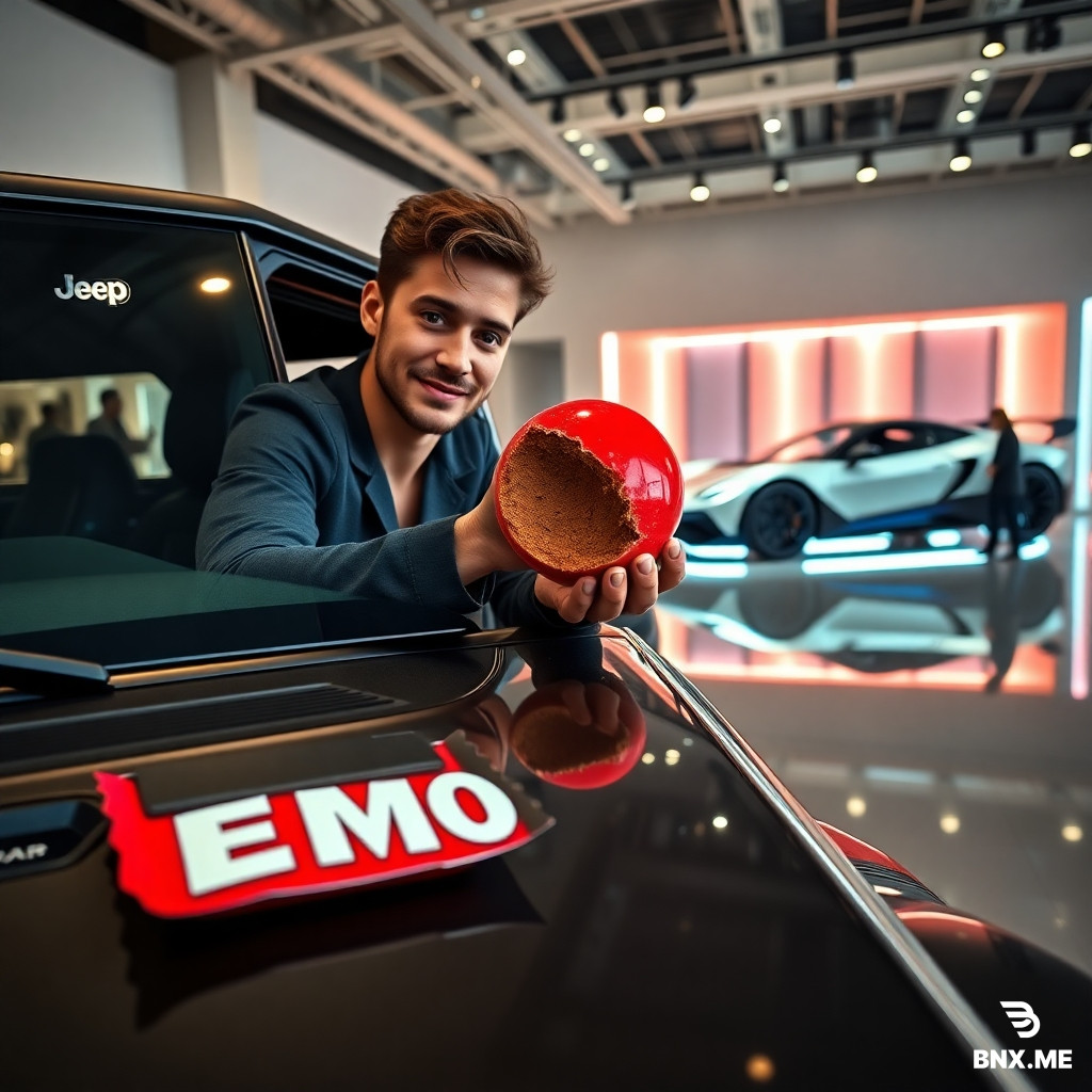 I WANTMAKE Hyperrealistic wide-angle photograph, cinematic lighting, 1K. A stylish young man with a slight smile leans out of the open window of a modern Jeep Wrangler 4xe Rubicon, parked on a glossy floor inside a contemporary car museum. He is holding a half-eaten spherical chocolate candy with a glossy, vibrant red candy shell, and the rich brown chocolate interior is visible where he bit it. The candy wrapper on the dashboard reads “EMO” in bold, modern font. In the background, elevated on a futuristic illuminated display stand, sits the fastest production car in the world—a Koenigsegg Jesko Absolute—gleaming under dramatic spotlights. Museum visitors blur softly in the distance. Reflections on polished concrete, modern architecture, flexibility in composition, highly detailed, photorealistic, shallow depth of field, vibrant colors