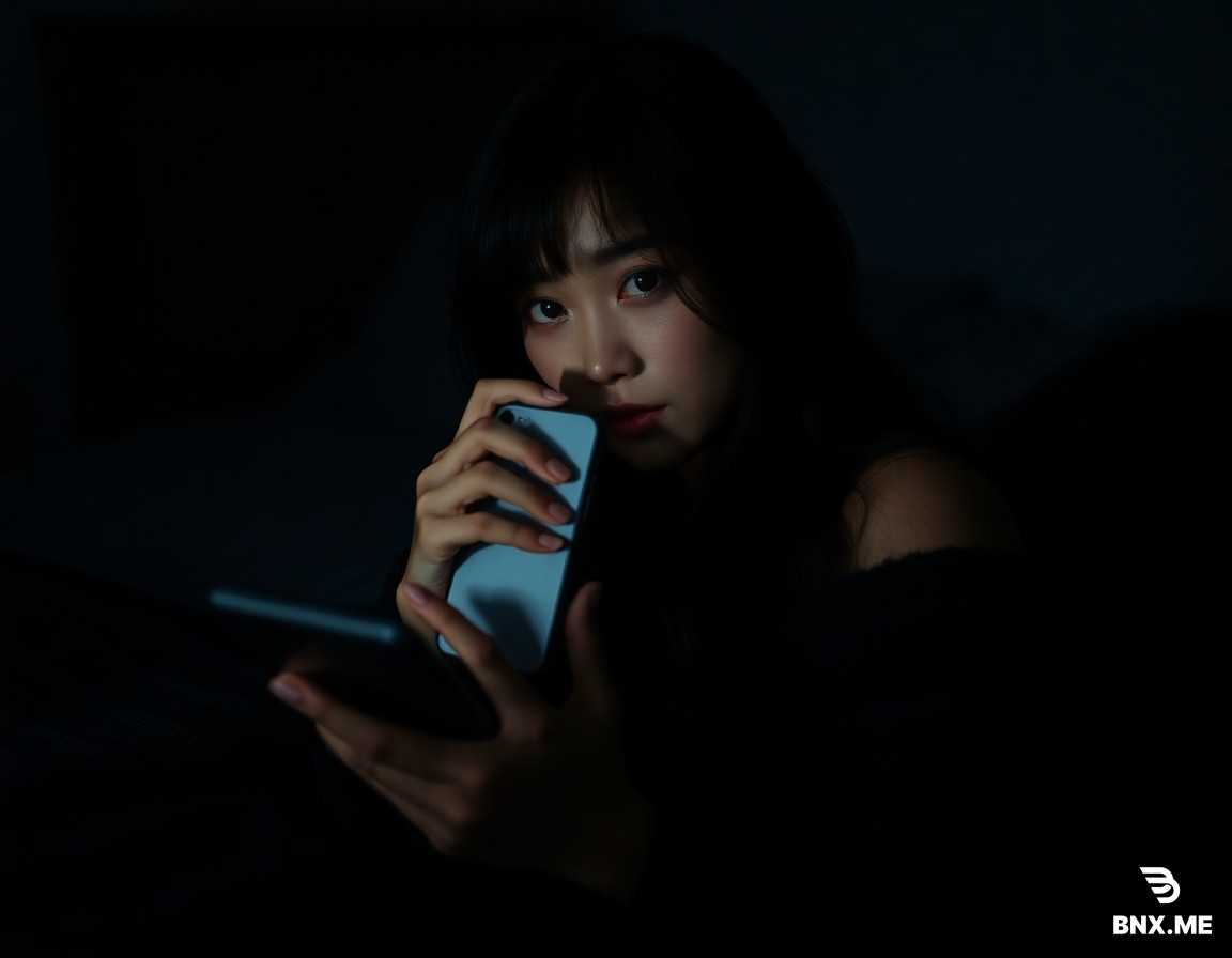 A dimly lit cinematic bedroom scene viewed on a tablet screen at a slight angle in a dark room. A young East Asian woman with an elegant gothic-inspired aesthetic (inspired by Akeno-like refined beauty) has long, silky jet-black hair with soft natural waves and side-swept bangs. Her appearance is graceful and slightly mature, with delicate realistic facial features, smooth skin texture, and calm slightly droopy eyes that give a quiet mysterious and elegant aura. She is shown in a medium shot (not close-up), lying on a bed wrapped in a dark-toned striped blanket. Her posture is relaxed and graceful, with one hand resting near her cheek. She holds an iPhone 6s casually in her hand, partially covering part of her face in a natural, editorial-style pose. The mood is gothic elegant: soft, moody, and cinematic with a refined fashion editorial atmosphere (SFW, non-sexual). The focus is on overall composition, silhouette, and aesthetic mood rather than facial close-up. Warm low bedside lighting blends with deep shadows, creating a cinematic contrast across her figure and hair. The background is softly blurred, showing a slightly messy but aesthetic dark bedroom with shelves and minimal decor. Subtle tablet camera UI overlay (focus square, shutter button) is visible. Captured with iPhone 4S aesthetic: low resolution, slight pixelation, compression artifacts, soft blur, digital noise, weak dynamic range, muted tones, film grain, light motion blur, imperfect focus, nostalgic early smartphone feel, unfiltered realism.
