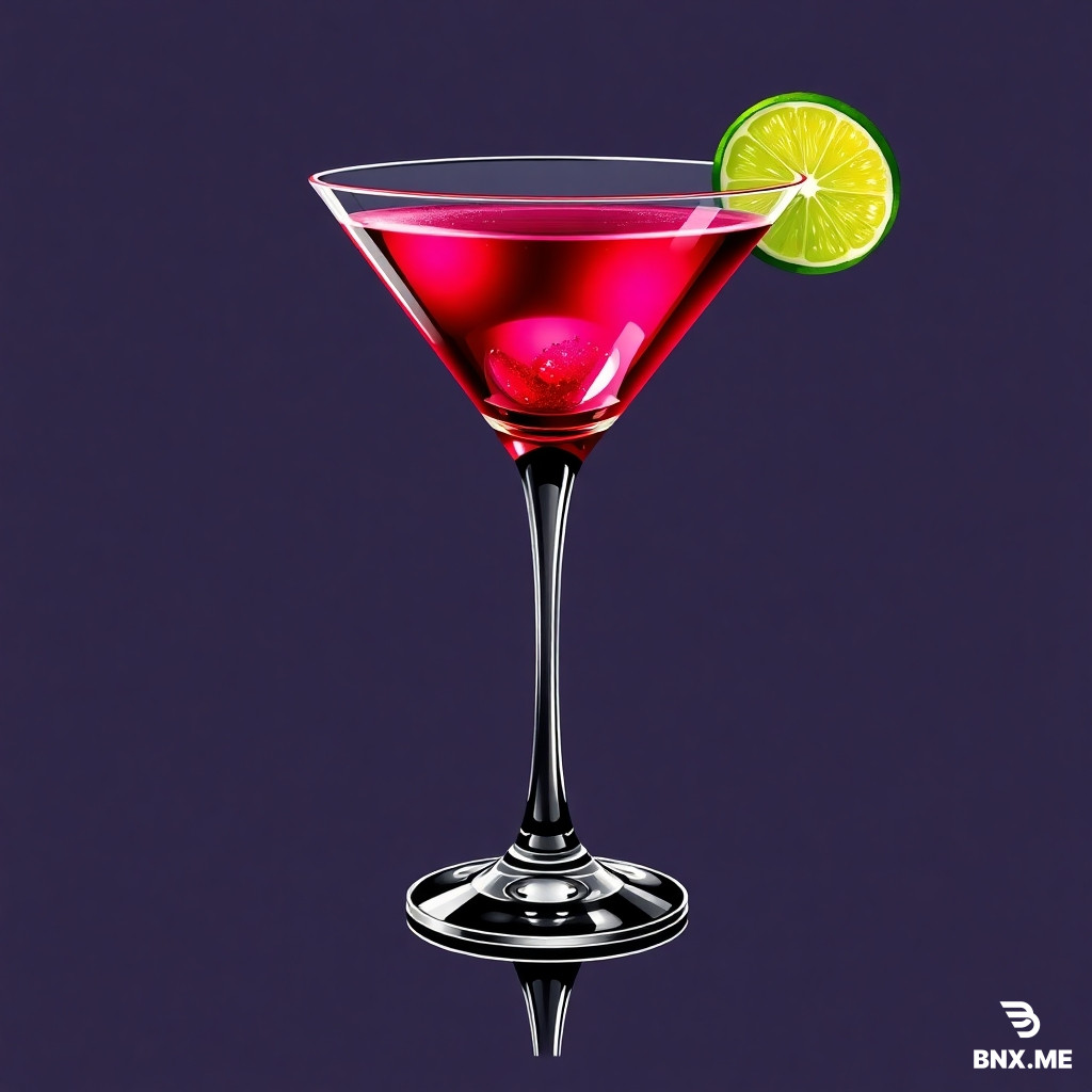 Crea un'illustrazione glamour e accattivante in stile acrilico, con un'estetica gotica moderna che evoca un'atmosfera di raffinatezza urbana e vivacità mondana, senza richiami diretti a Tim Burton. In primo piano, raffigura un cocktail Cosmopolitan servito in una coppa da martini ghiacciata, con il liquido rosa intenso a base di vodka, triple sec, succo di mirtillo rosso e lime fresco che brilla sotto una luce soffusa. La trasparenza del bicchiere cattura riflessi luminosi, mentre una scorza di limONE attorcigliata pende dal bordo, aggiungendo un tocco di eleganza fresca e agrumata. La texture vellutata del drink e la brina sul vetro esaltano il suo aspetto chic e invitante. Sullo sfondo, immergi la scena nella New York degli anni '90, precisamente in un esclusivo bar di Manhattan, come il Rainbow Room o un locale trendy del Meatpacking District, dove il Cosmopolitan è diventato un'icona della cultura pop. Rappresenta l'interno di un bar alla moda con arredi moderni: bancone in marmo nero lucido, sgabelli in pelle, luci al neon soffuse e specchi che riflettono l'ambiente vibrante. Includi dettagli come una folla di giovani professionisti e celebrità in abiti eleganti, con donne in vestitini neri e uomini in completi sartoriali, che chiacchierano e brindano. Aggiungi un barista in camicia bianca che agita uno shaker con flair, e un sottofondo di musica lounge che permea l'atmosfera. L'ambiente deve essere elettrico e sofisticato, con un mix di glamour e modernità che richiama l'era di Sex and the City. Usa una palette acrilica con toni vividi di rosa, viola, nero lucido e accenti argento per lo sfondo, creando un contrasto dinamico con il cocktail brillante in primo piano. Le luci soffuse e le ombre morbide aggiungono profondità, evocando l'energia cosmopolita e il fascino trendy della New York degli anni '90.