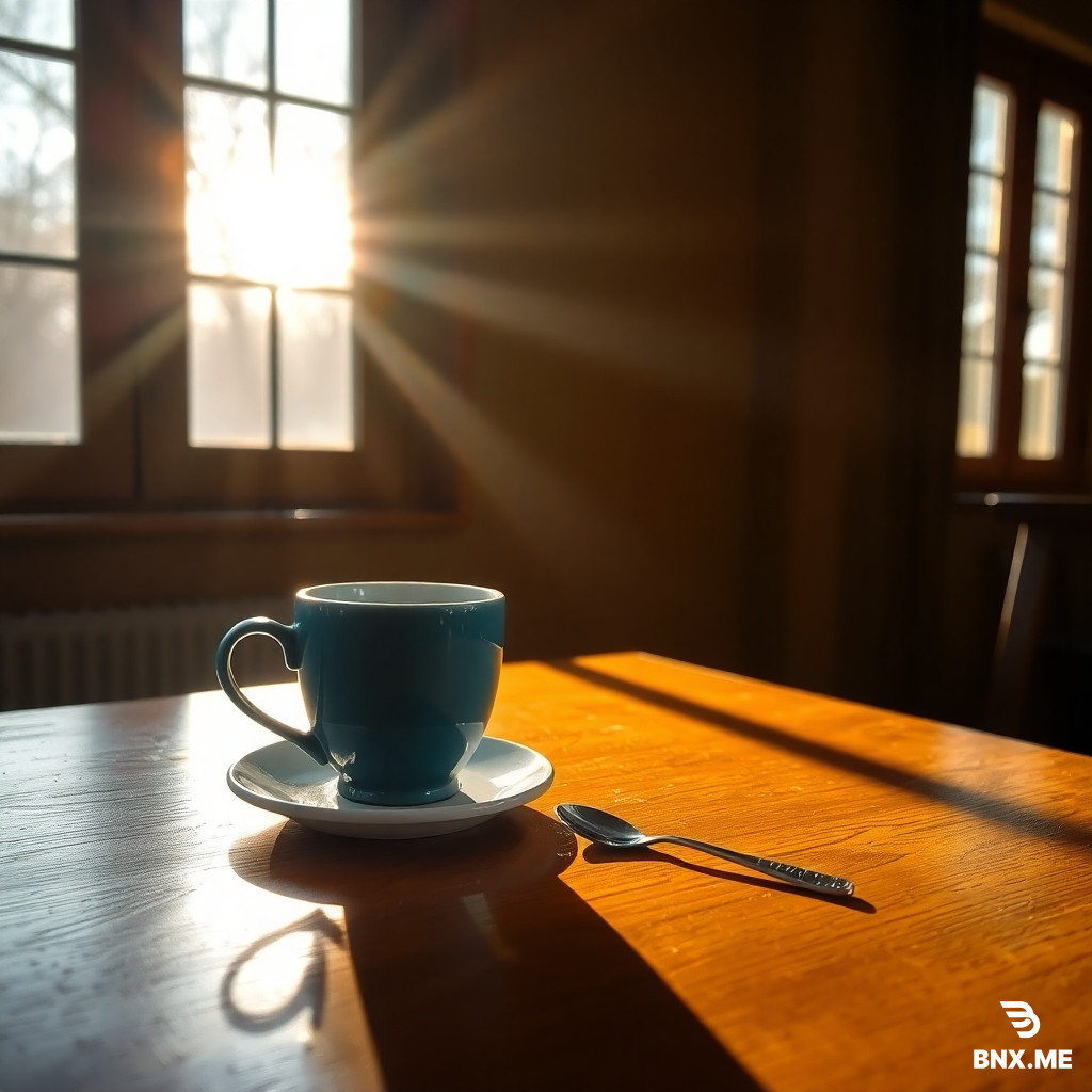 A warm morning light streams through a window onto a wooden table where a blue ceramic coffee cup sits beside a silver spoon.