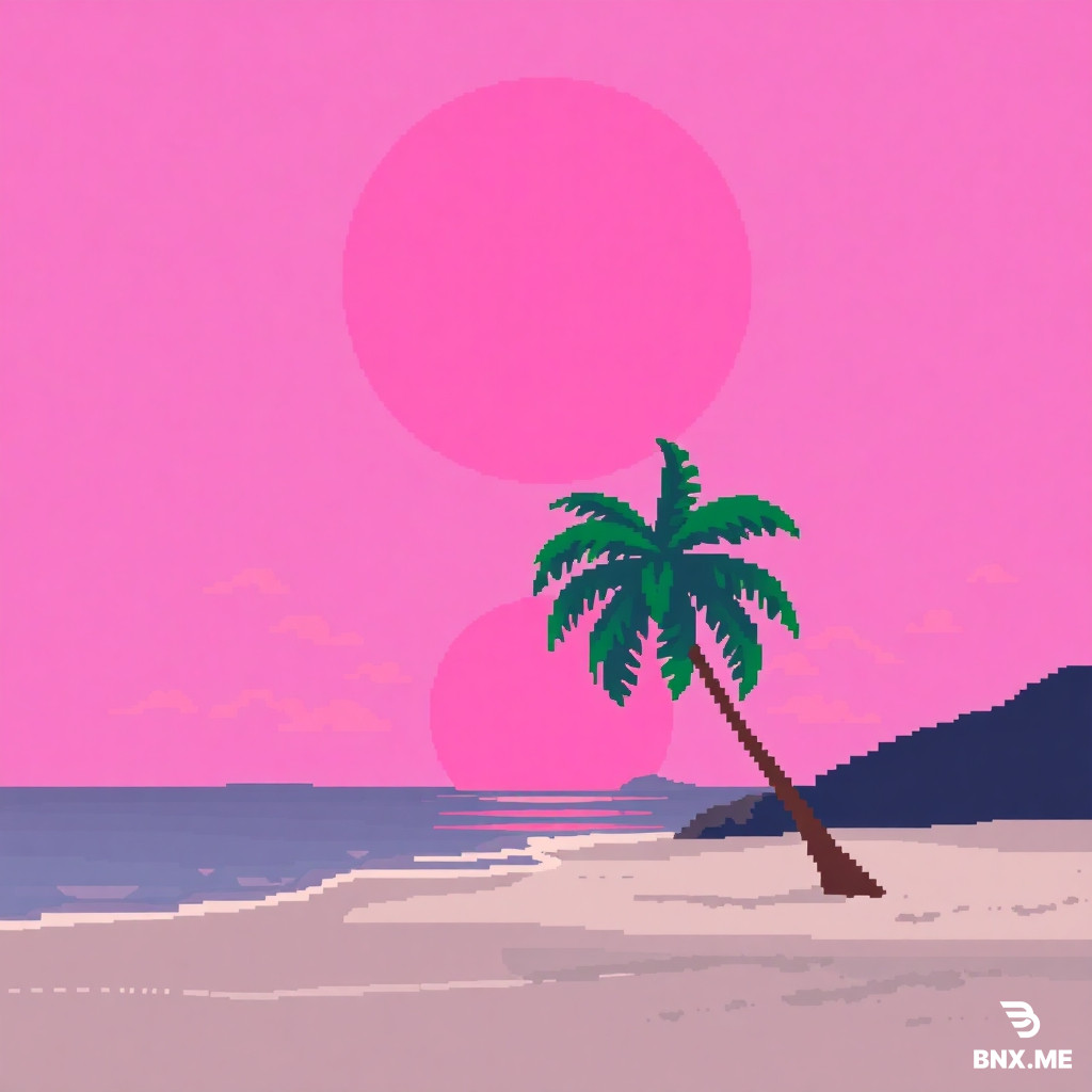 beach with pink sunset & a single coconut palm tree
