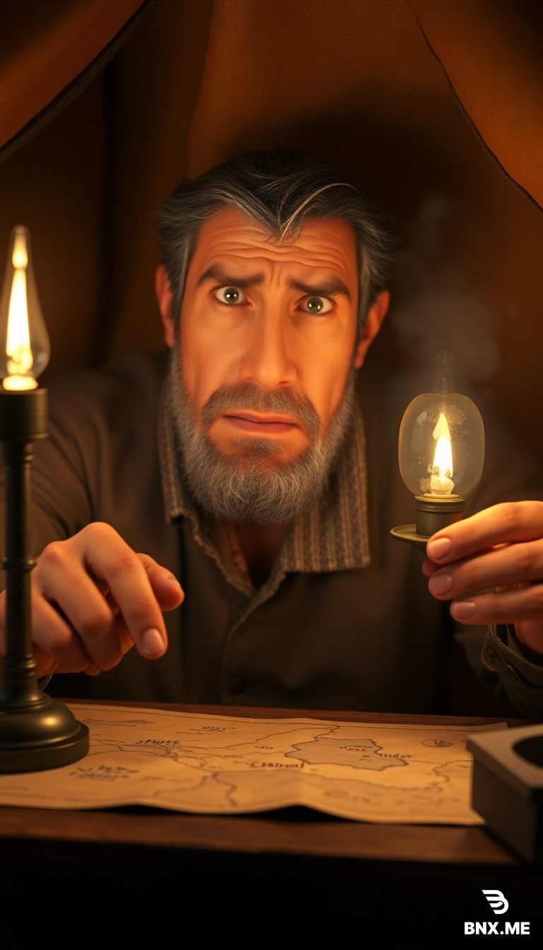 Visual Prompt: A close-up, dimly lit 3D scene inside a makeshift tent. An explorer’s face, illuminated by a flickering oil lamp, looks stressed and arrogant. He is pointing at a hand-drawn map on a wooden desk, trying to sketch a map of "Sheba’s Palace." Dust motes dance in the light. Gritty, moody, documentary style, cinematic depth of field.