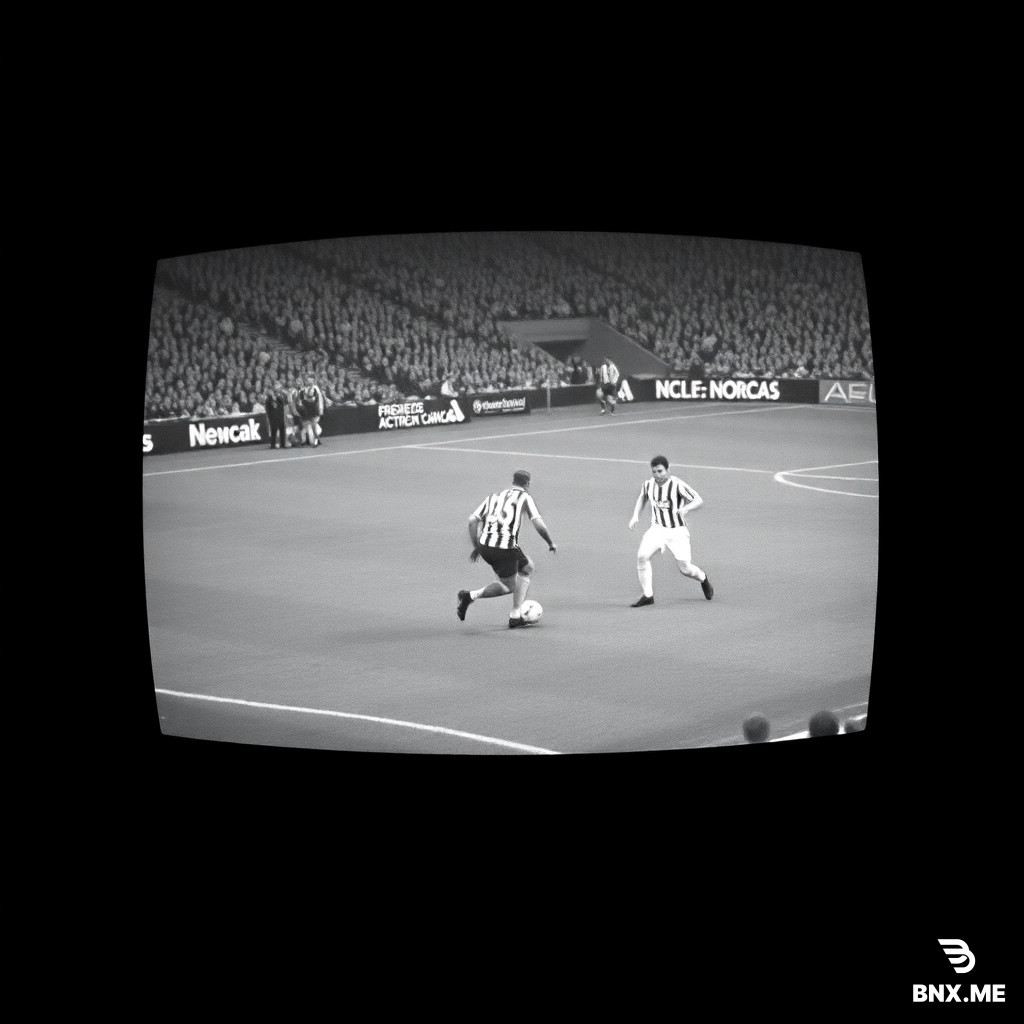 Scene: Black screen to vintage TV text Black and white grainy 1990s football footage, Newcastle United playing, old television screen with scan lines, nostalgic vintage effect, 4:3 aspect ratio