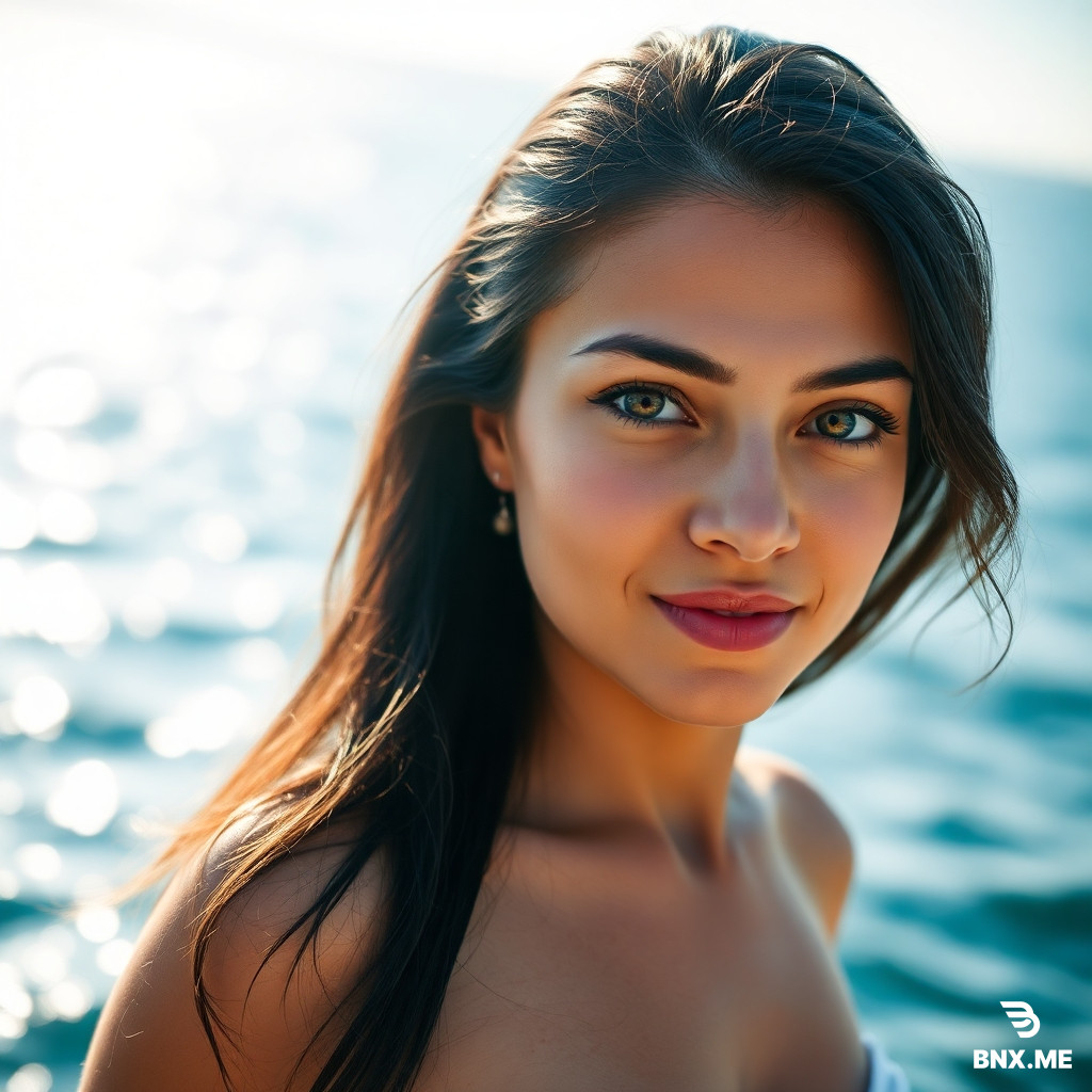 A real 4K image of a beautiful and well-shaped woman with hazel eyes and black hair, standing by the sea, the woman is very beautiful and well-shaped, the sunlight shines on her body from behind, natural image light, natural woman's skin texture, hyper-realistic quality, camera angle from a distance