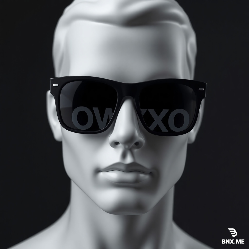Photorealistic close-up portrait of a masculine male fashion mannequin with a strong jawline, made of smooth matte white fiberglass. He is wearing large, thick, matte black wayfarer-style sunglasses. On the temple arm of the glasses, etched prominently in solid, sharp white capital letters, is the text 'OWYXO'. The typography is crisp, modern, sans-serif, and highly legible. The background is a minimalist dark charcoal grey. The scene is lit with soft, dramatic studio lighting, creating a slight glare on the lenses. Sharp focus on the text. Cinematic, 8K, 1:1 aspect ratio.