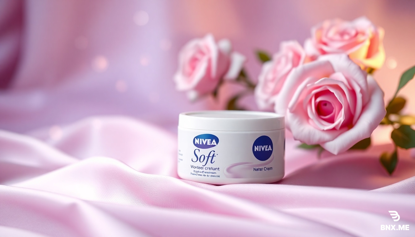 3D product animation, cinematic lighting. A white tub of Nivea Soft cream sits elegantly on swirling, soft pastel purple silk fabric. Gentle bokeh sparkles and magical glittering dust drift slowly across the frame. In the soft-focus background, light purple roses gently sway. The camera slowly pans and zooms in on the product, capturing a luminous, soft glowing aura around the jar. Hyper-realistic, 4K, smooth motion, commercial grade.