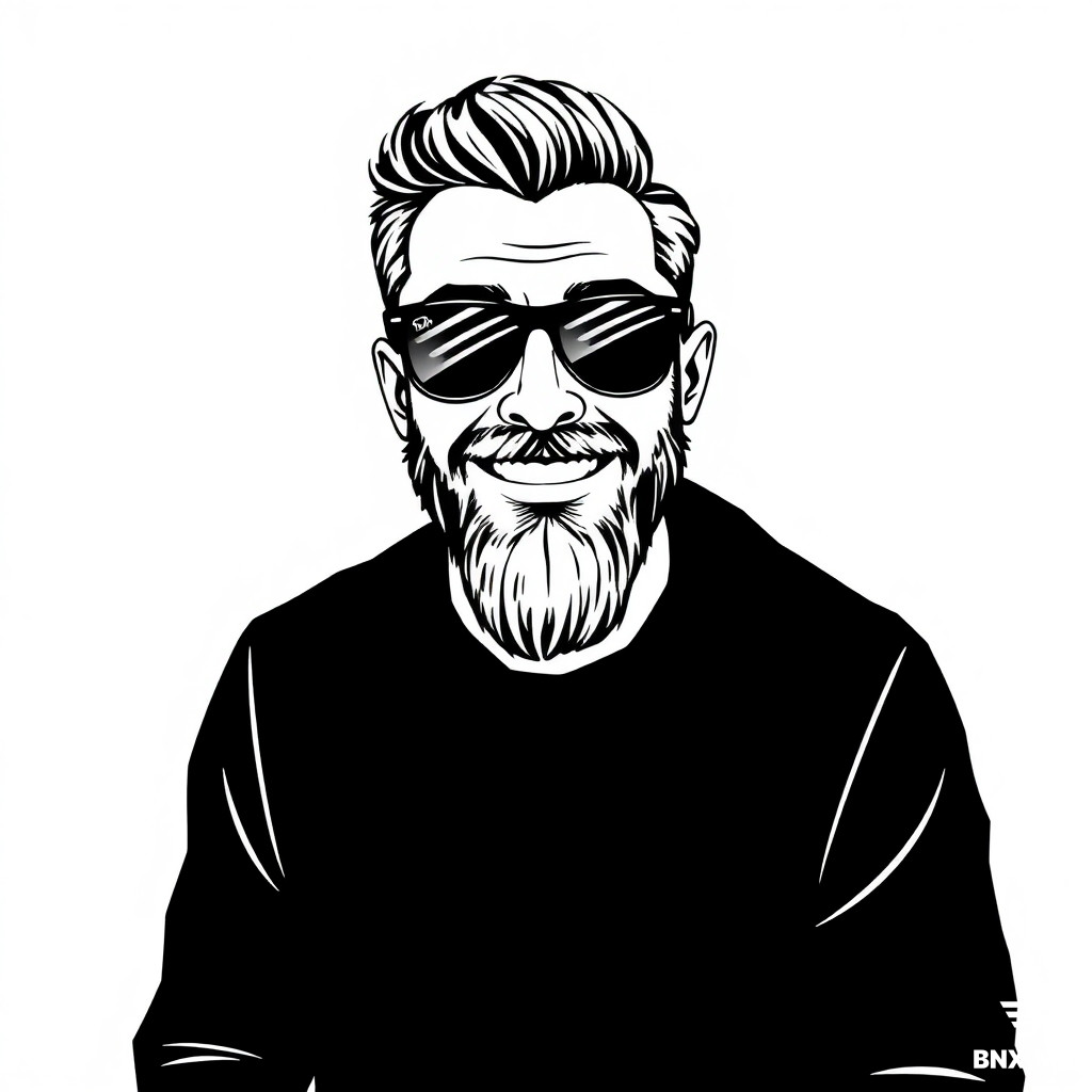 Stilizzata, bianco e nero, primo piano di un uomo sorridente, barba curata a punta, occhiali stile Ray-Ban (montatura sottile, lenti trasparenti, non da sole). Tratto minimale e pulito, linee nette, senza sfondo o sfondo neutro, illustrazione vettoriale, disegno in bianco e nero ad alto contrasto