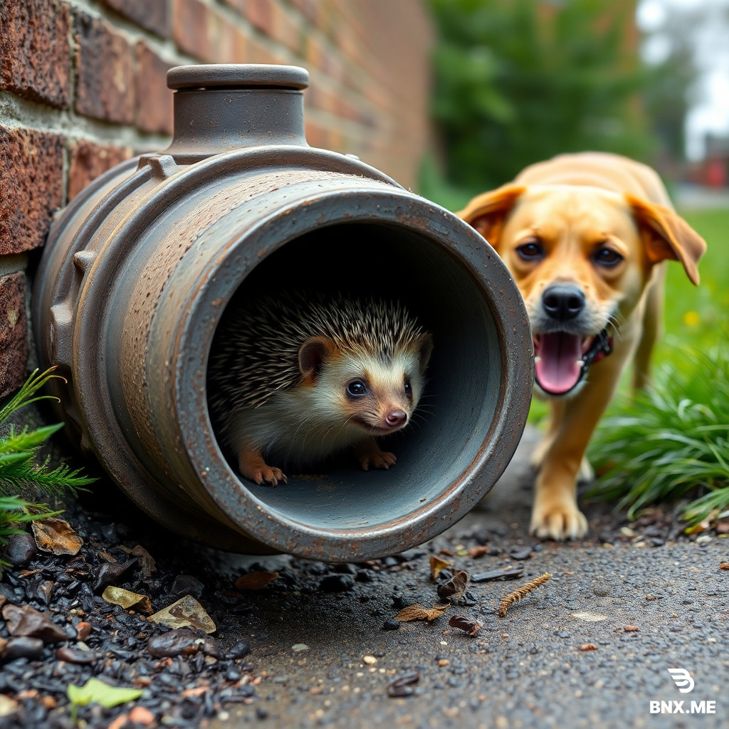 a hedgehog is hiding in a drainpipe with a friendly dog lurking nearby