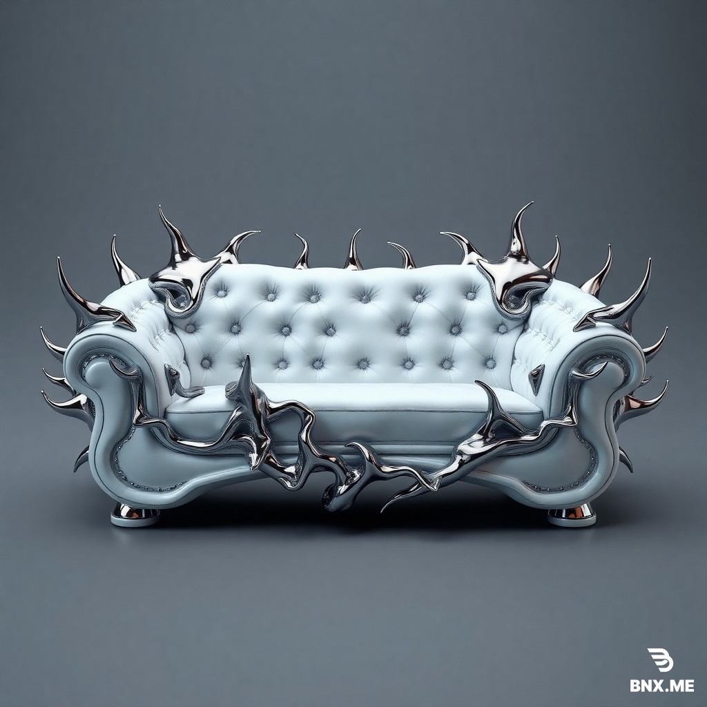 Cinematic 3D render of a soft sofa, with its iconic two-tone white and black design. The soft sofa is ensnared by a striking exoskeleton of molten liquid chrome. This beautiful, biomorphic lattice features organic openings and elegant, sharp thorns that wrap aggressively around the soft sofa, as if consuming the soft sofa. The aesthetic is a fusion of gaming culture and dark, avant-garde art, powerful and sculptural