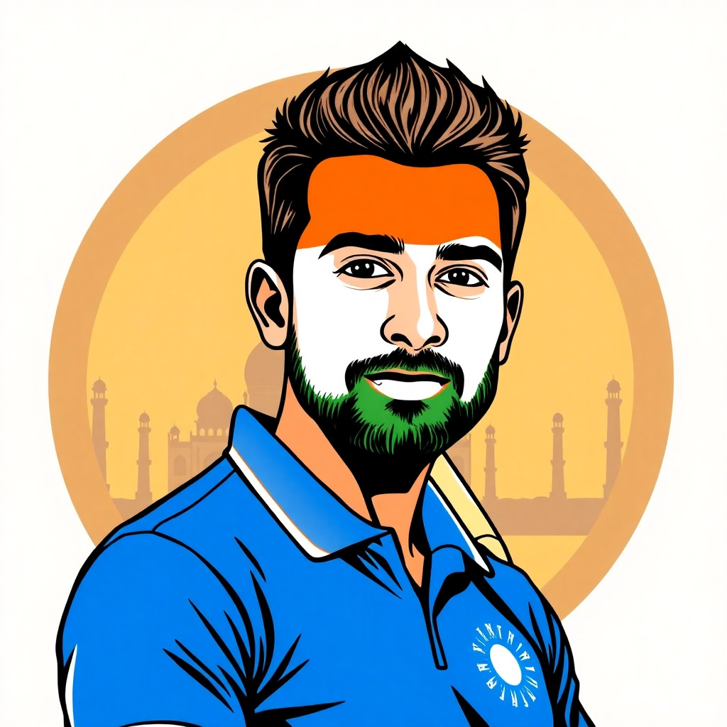 Indian cricket fan avatar, half face portrait, face painted with Indian flag colors orange white green, wearing blue cricket jersey, cricket bat over shoulder, subtle Taj Mahal silhouette in background, circular frame, modern illustration style, bold outlines, vibrant, patriotic, profile picture --ar 1:1