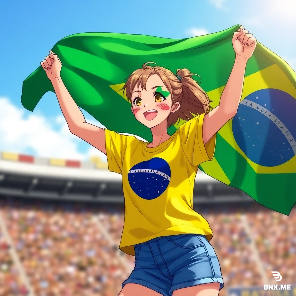 Anime style, cover art for funk music (brazian funk). A happy, energetic anime girl cheering and waving a large Brazilian flag. On her face is painted the Brazilian flag (green diamond, blue globe with white stripe). She is wearing a yellow and green t-shirt with the Brazilian flag print and blue denim shorts. Dynamic joyful pose, bright sunny lighting, blurred background of Rio de Janeiro or a football stadium. High quality, detailed, vibrant colors, copyright free.