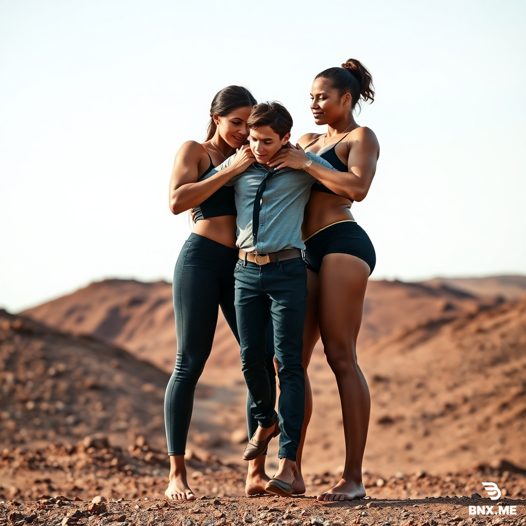 Long Prompt — تسلّمه لصديقتها بكل سهولة  Copy: Two towering, strong women stand side by side as the first one lifts the man effortlessly and passes him into the arms of her equally powerful friend. Their movements are smooth, coordinated, and show absolute mastery of strength. The transfer looks easy and controlled, as if the man weighs nothing.