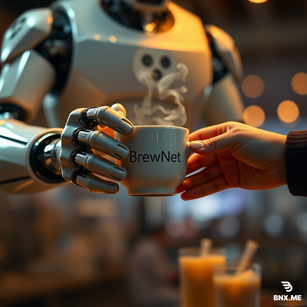 A cinematic, hyper-detailed poster of a futuristic robot barista handing a steaming ceramic cup of coffee to a human customer — extreme close-up on both sets of hands and fingers, showing mechanical articulation and soft, realistic human skin. The robot has a small logo on its chest that reads “BrewNet” in clean sans-serif, warm cinematic rim lighting, shallow depth of field, 8k detail, photorealistic, subtle film grain. Emphasize realistic fingers and correct anatomy, no extra or missing digits, no floating limbs. Include a faint cityscape bokeh in the background.