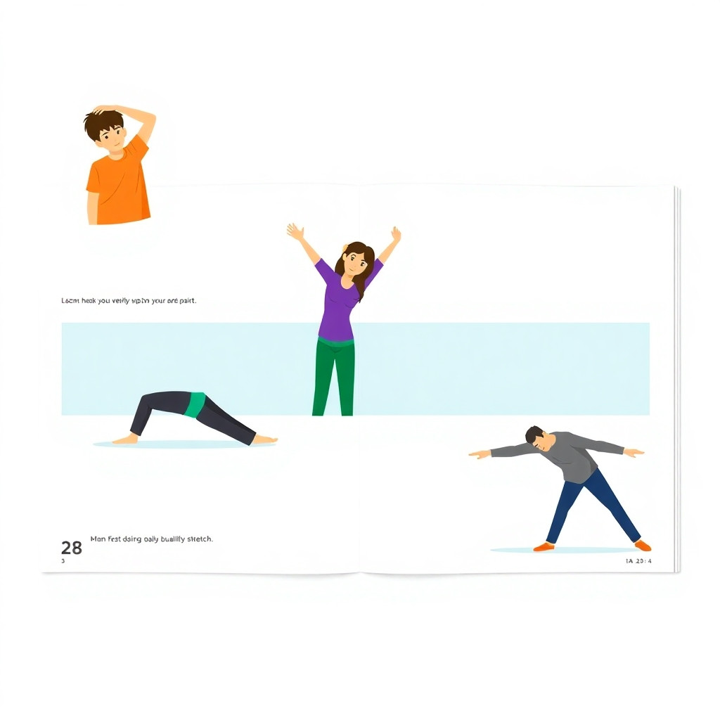 /imagine prompt: A4 portrait magazine page for children's family magazine "Karo Resaneh", flat vector illustration, 5 horizontal panels showing stretching exercises. Top panel: teenage boy Karo doing neck stretch, orange shirt. Second: teenage girl Niloofar doing upward arm stretch, purple top. Third: young boy Kian doing forward bend, green shirt. Fourth: mother Narges doing torso twist, teal top. Fifth: father Kamran doing butterfly stretch, grey shirt. Clean white background with pastel cyan border. Each panel has text placeholder. Page number 28 at bottom left, logo bottom right. No violence, no monsters. International quality, colorful, family-friendly. --ar 3:4 --style raw