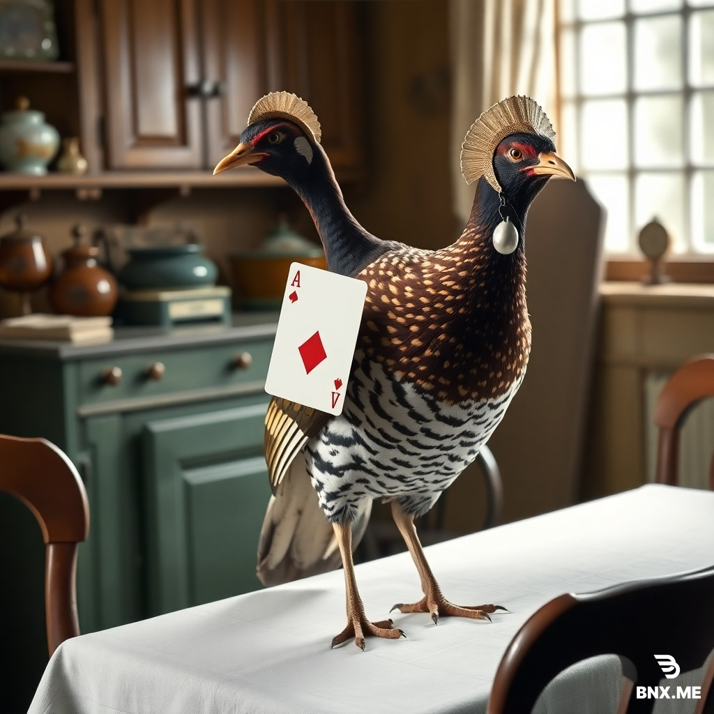Realistic partridge with bonnet and waistcoat, standing on table in 1880s farmhouse kitchen, holding Ace of Diamonds in beak, natural bird posture. No humans, not anthropomorphic.