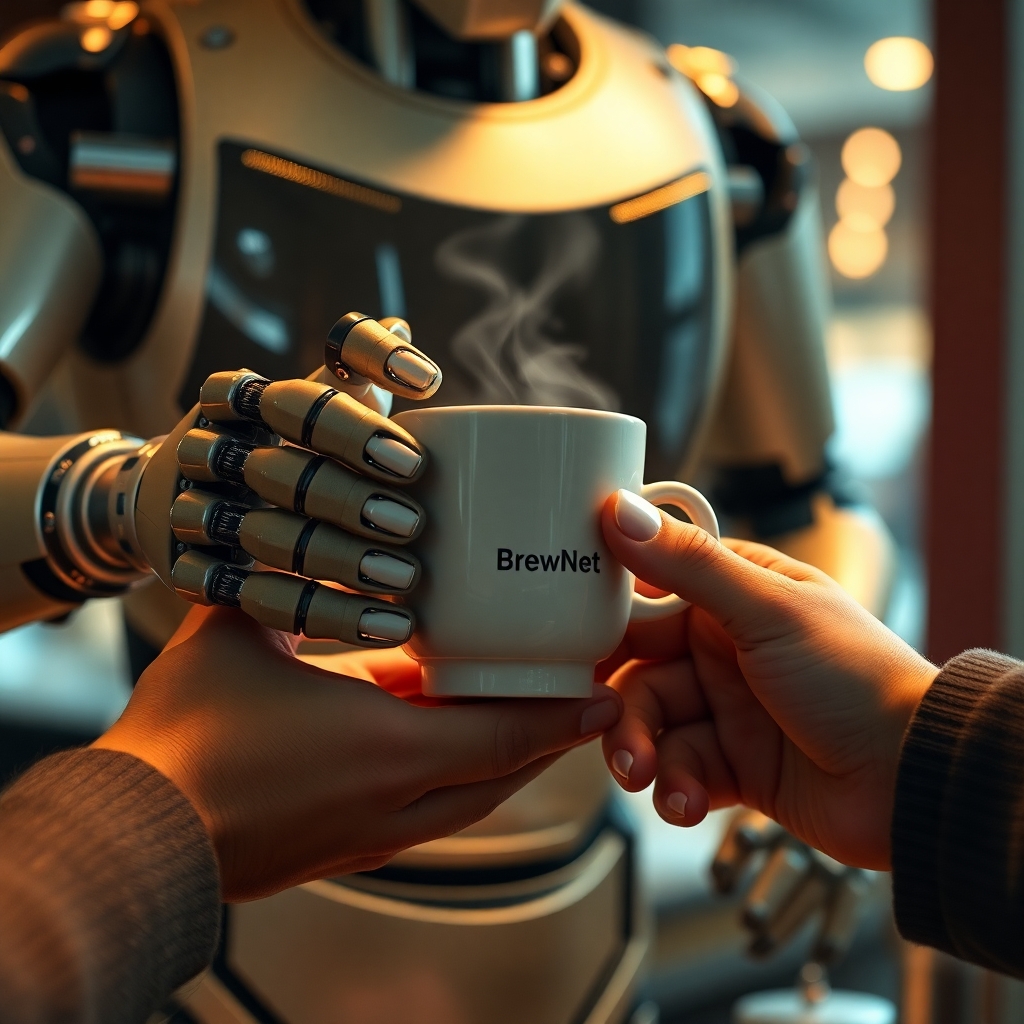 A cinematic, hyper-detailed poster of a futuristic robot barista handing a steaming ceramic cup of coffee to a human customer — extreme close-up on both sets of hands and fingers, showing mechanical articulation and soft, realistic human skin. The robot has a small logo on its chest that reads “BrewNet” in clean sans-serif, warm cinematic rim lighting, shallow depth of field, 8k detail, photorealistic, subtle film grain. Emphasize realistic fingers and correct anatomy, no extra or missing digits, no floating limbs. Include a faint cityscape bokeh in the background.