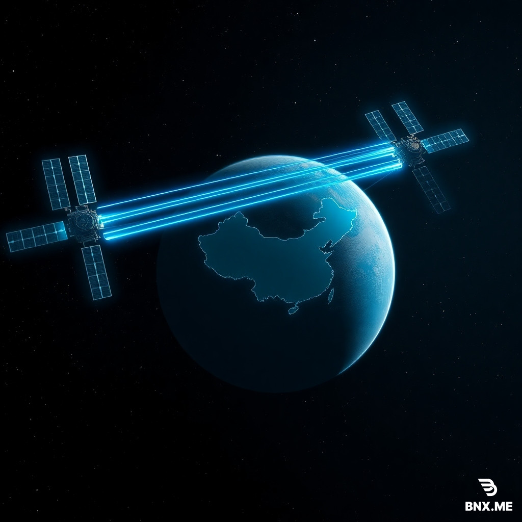 Deep space, Earth visible in the background. Three BeiDou satellites arranged in a triangular formation, each connected by glowing neon blue data beams forming a mesh network. One satellite near the Earth is sending a concentrated beam of data down directly onto the map of China (mainland outline visible). No ground stations elsewhere on Earth. The satellites have solar panels and small antenna dishes. Starfield background, dark navy blue tones with cyan and gold accents. Futuristic scientific illustration, ultra detailed, 4K, wide angle.
