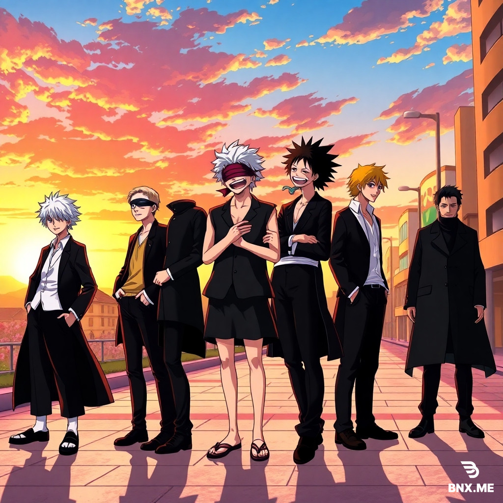 Sure! Here's a detailed English prompt pe Aizen (Bleach), Gojo (Jujutsu Kaisen), Inosuke (Demon Slayer), Light Yagami (Death Note), Zoro (One Piece), Noel Silva (Black Clover), Obito, and Madara (Naruto) — standing side by side in a single straight line, all laughing together uncontrollably. Each character has their unique traits: Aizen with his mysterious smirk, Gojo with his blindfold slightly tilted and white hair messy, Inosuke wearing his boar mask but laughing loudly from the chest, Light with a mischievous schoolboy grin, Zoro with a rare warm smile, Noel with elegant posture but laughing eyes, Obito and Madara standing shoulder to shoulder with ironic, bittersweet laughter. The background is a surreal sunset battlefield mixed with a modern city street, symbolizing peace after conflict. The atmosphere is warm, joyful, and epic. Art style: vibrant anime illustration, cinematic lighting, high detail, colorful, group portrait, dynamic expressions, studio-quality render.with there real faces and masks