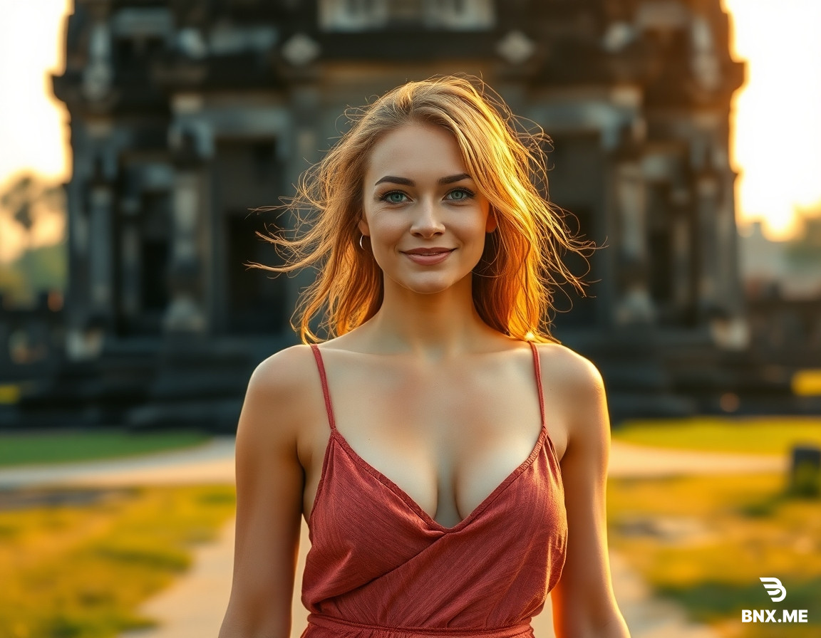 40 Years Old Slim Fit Body Women In apsara Dress. Without Bra. Big  Boobs. Tan Skin. Light Blue Eyes.Light Brown Hair. Teasing Face. Walking in Angkor Vat temple. Sunset.Photo Realistic. Hdr. 4K