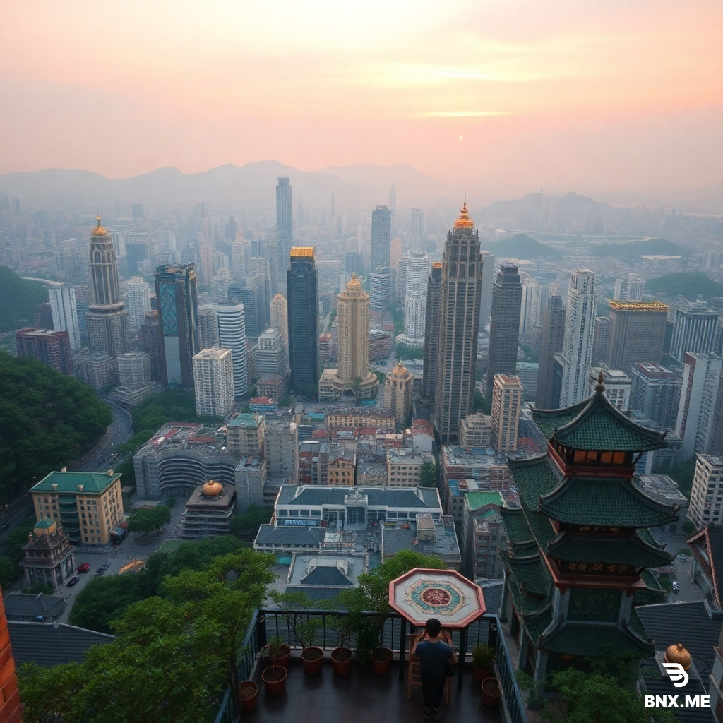 crea una escena de un balcon alto en la cima de una casa con vistas al centro de la ciudad de la dinastia tang en china