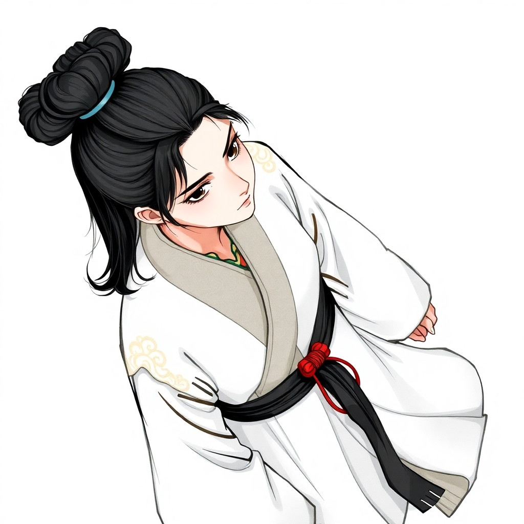 2D hand-drawn character art for a Chinese xianxia cultivation RPG.   Overhead top-down view, 48x64 pixel sprite aesthetic, ink-brush linework on rice-paper white base.    A young cultivator in traditional Taoist robes, ink-black hair tied in a sleek high bun,   sharp facial features with calm, enigmatic eyes suggesting hidden wisdom and spiritual depth.   "工笔" precision on facial contours and robe edges, "写意" loose ink wash in fabric folds.    The robe: flowing white Taoist gown with wide sleeves, subtle cloud-pattern embroidery   in faint gold thread at the collar and cuffs, cinched at the waist with a simple dark sash.   No metallic gleam — only the soft matte luster of silk. Colors: 宣纸白 base, 墨黑 sash,   淡金 thread accents, a single 朱砂-red cord knot at the waist as the only bright accent.    Minimalist background: pale rice-paper fade to misty void, as if the figure stands   at the edge of a cloud sea. Diffuse "morning mist" light with no clear source direction,   casting gentle ink-wash shadows that deepen at the hem.    Style: traditional Chinese ink painting (水墨画) blended with clean 2D game-sprite   line art. Visible brush strokes on fabric folds, crisp edges on character silhouette.   No 3D rendering, no photorealistic shading, no Western fantasy armor or wing motifs.   The figure should feel like a hand-painted scroll illustration — stillness and spiritual   weight, not dramatic posing.    Atmosphere: serene, solitary, ethereal — one cultivator standing between earth and sky,   ready to begin a long path of ascension.