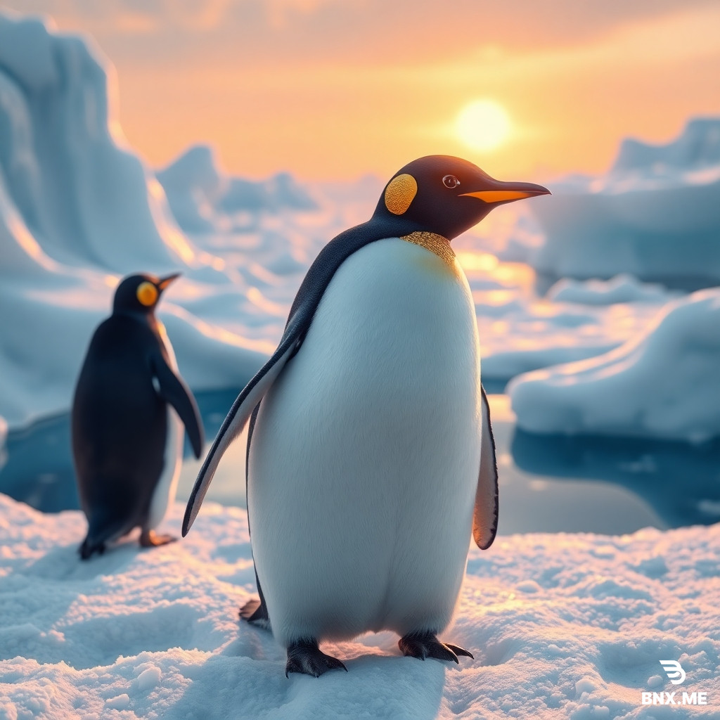 ✔️ alive ✔️ biological ✔️ ornamentation embedded into natural anatomy ✔️ real wild habitat ✔️ extremely detailed, no figurine vibes Ultra-realistic alive penguin in its natural Antarctic habitat, standing among wind-carved ice shelves and blue meltwater pools; its natural feathers exhibit translucent lacquer-like iridescence with ruby, opal, and pearl tones subtly integrated into living plumage; gold micro-filaments trace along natural feather boundaries and contour lines exactly, never appearing artificial; microscopic cloisonné-style patterning embedded inside the keratin layers, following true penguin coloration patterns; expressive moist eyes with natural reflections; environment shows drifting ice dust, low polar sun, volumetric cold haze, refractive caustic light from ice surfaces, realistic snow particulate scatter; emphasize lifelike movement, biological feather fluff, and true wildlife posture; macro-level detail on surface textures while retaining full wildlife realism